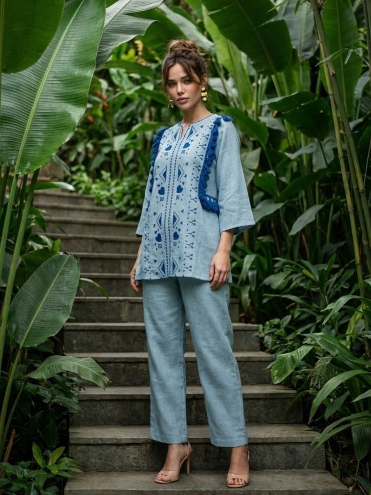 Super smart premium cotton fully embroidered with pockets co ord set in blue