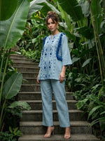 Super smart premium cotton fully embroidered with pockets co ord set in blue