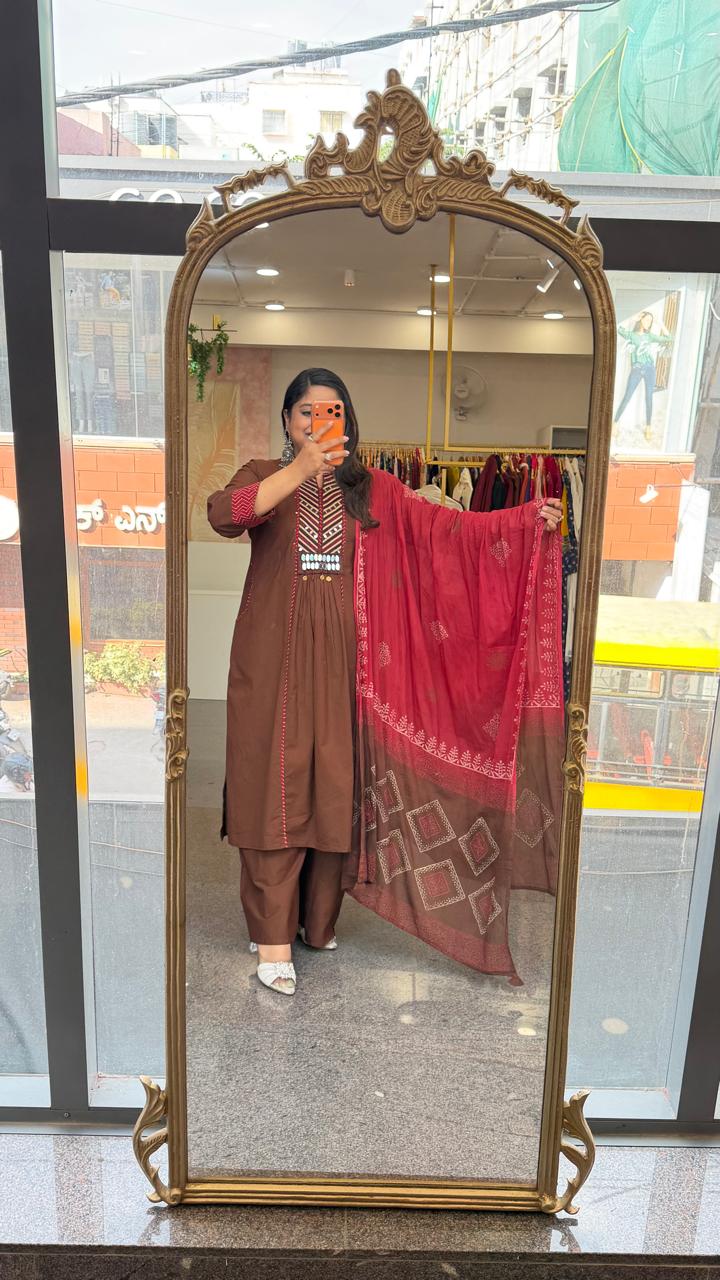 Pure cotton real mirror suit set paired with block print dupatta in brown