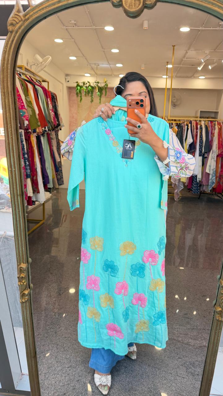 Pretty pretty fully embroidered premium cotton suit set in blue