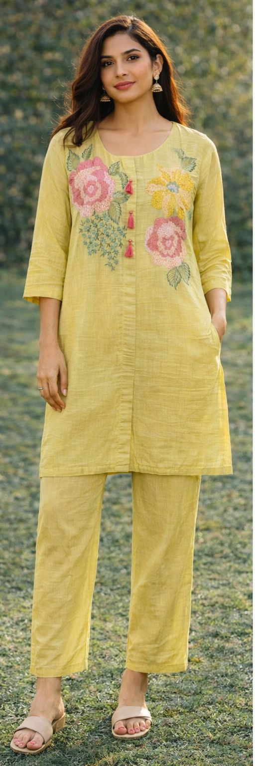 Premium Mul chanderi hand embroidery co ord set in mint yellow. It comes with lining and extra margin