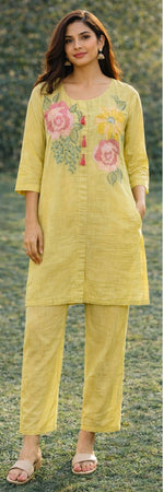 Premium Mul chanderi hand embroidery co ord set in mint yellow. It comes with lining and extra margin