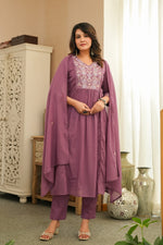 Pure Mul cotton lining embroidered suit set in onion pink