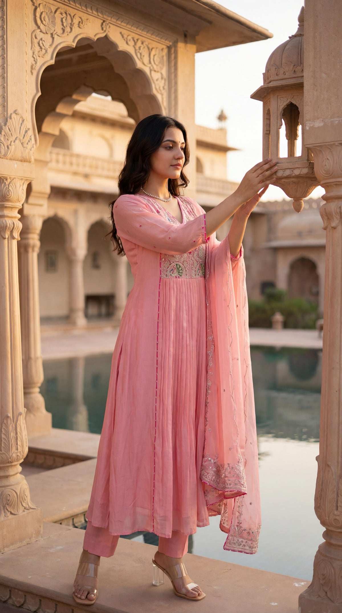 Premium Mul chanderi with zari detailing full suit set in pink