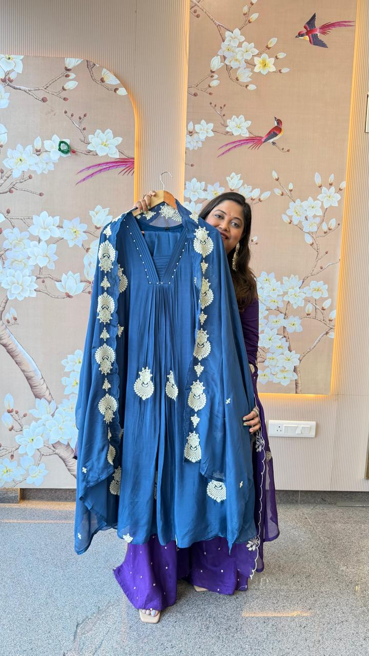 Premium pretty chinon fully embroidered suit set in blue