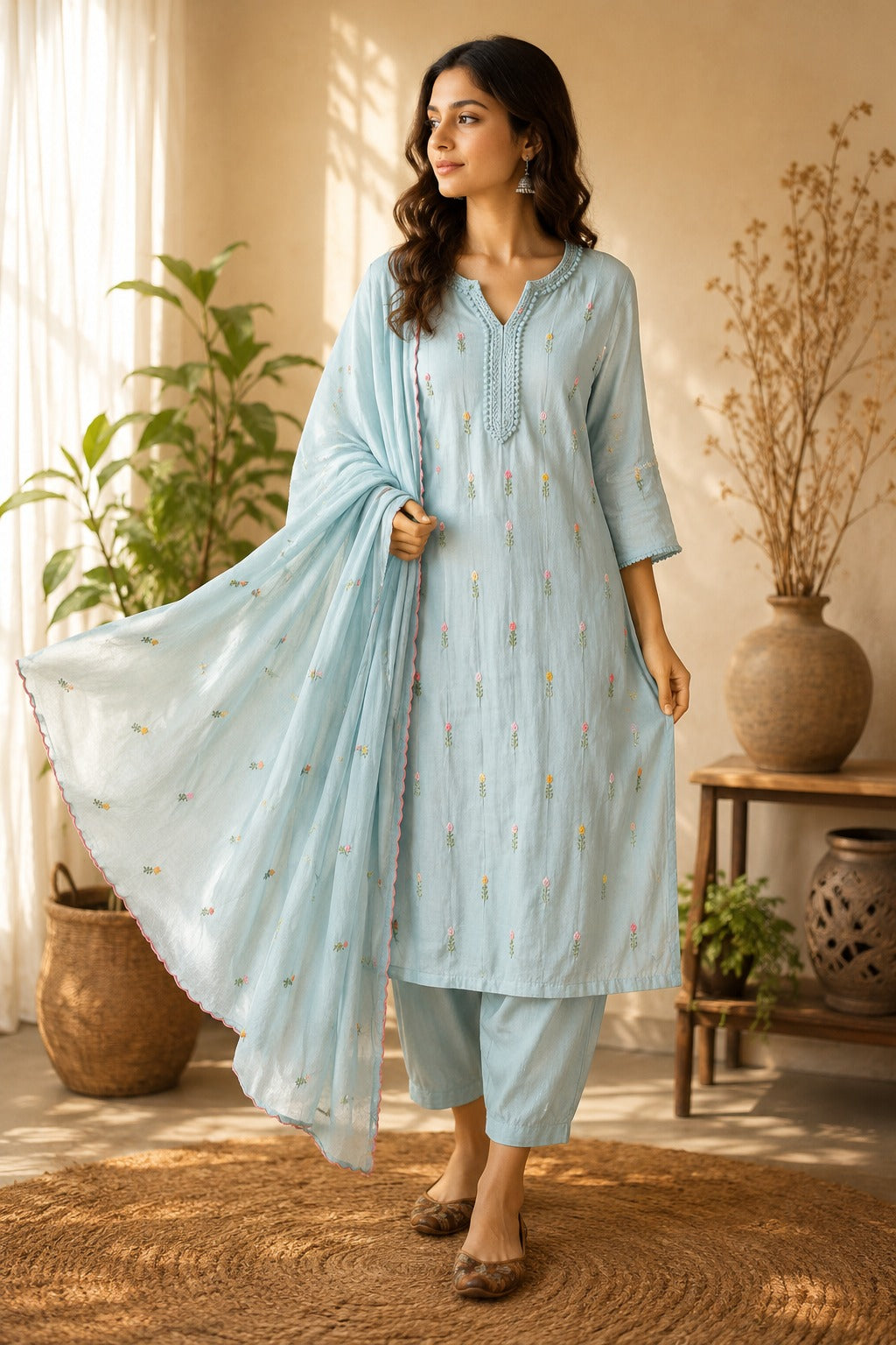 Mul chanderi fully embroidered with designer sleeves full suit set in blue