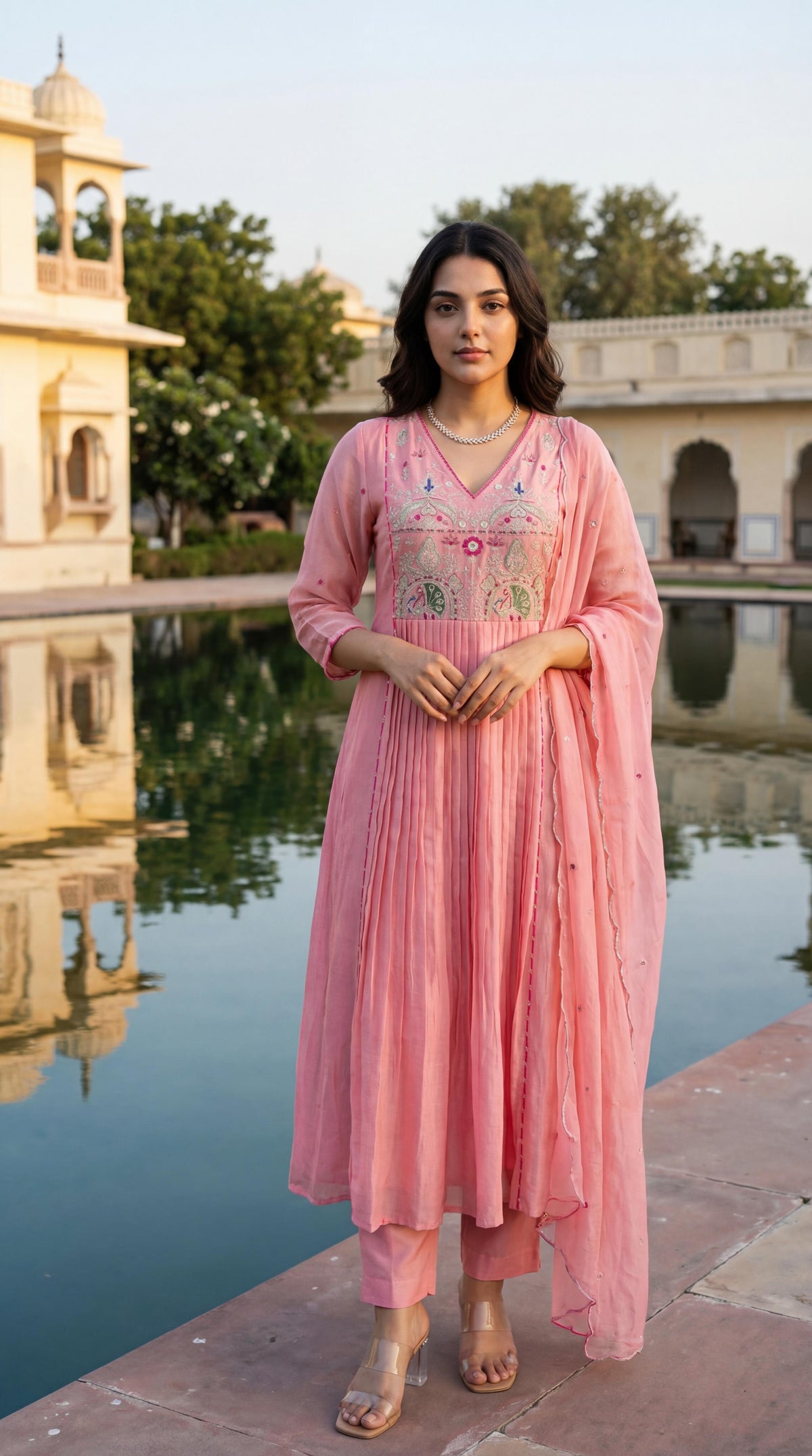 Premium Mul chanderi with zari detailing full suit set in pink