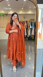 Super premium zari embroidered cotton angrakha Anarkali suit set in orange