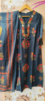 Pure cotton embroidered real mirror designer pocket full cotton suit set in blue