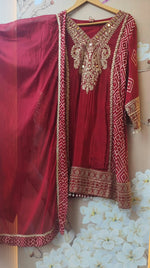 Pure crepe designer with intricate zari detailing suit set in red