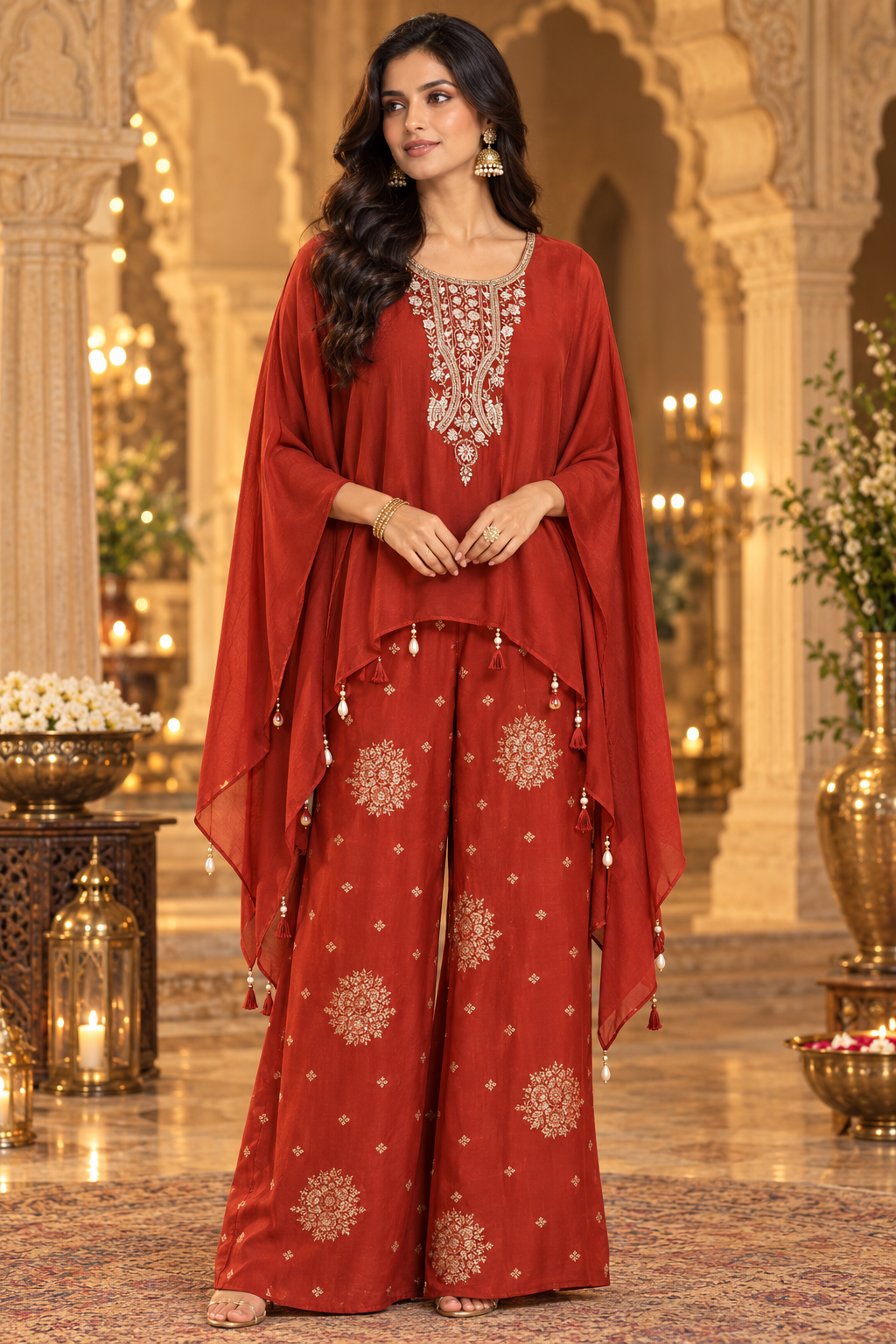 Pretty chinon hand word kaftan paired with brocade plazzo pants in orange