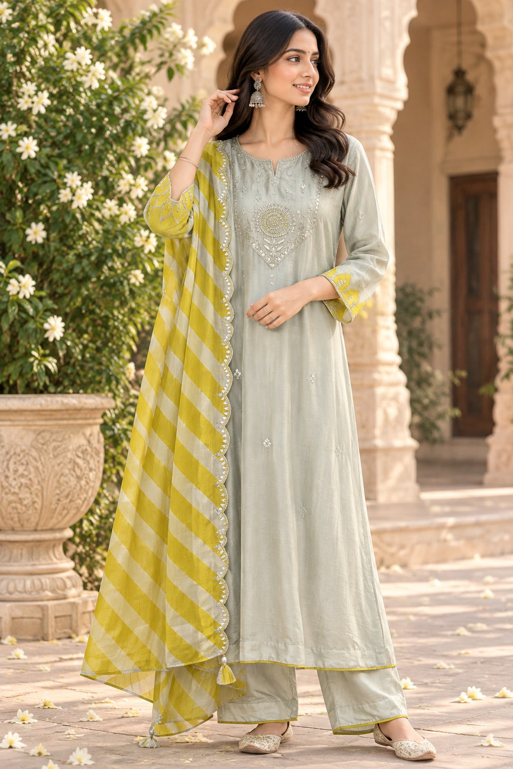 Pretty dola silk with designer back suit set with orgenza Lehariya dupatta yellow