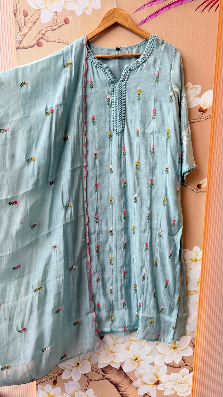Mul chanderi fully embroidered with designer sleeves full suit set in blue