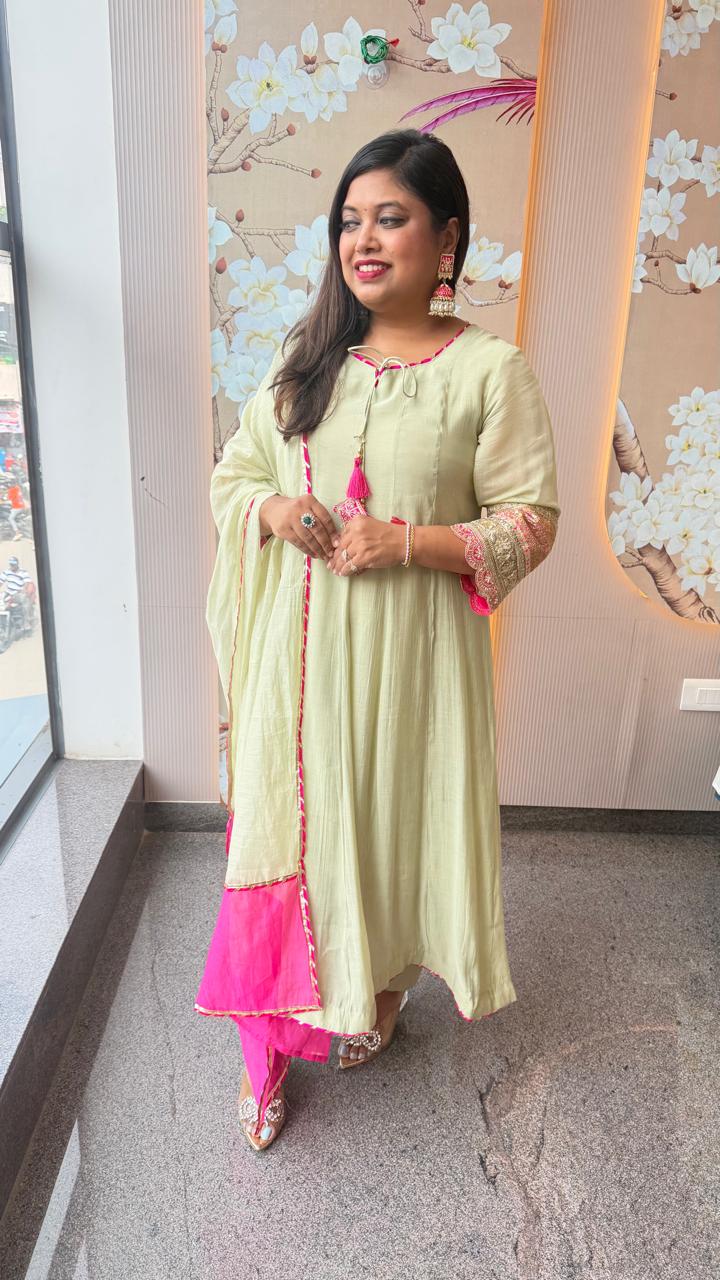 Pista green Mul chanderi lining Anarkali suit set