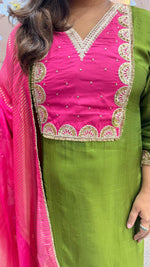 Pretty dola silk Zari detailing suit set in green n pink