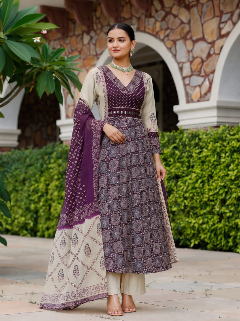 Pretty Modale with gaji silk ajrakh detailing and real mirror paired with block print cottton dupatta