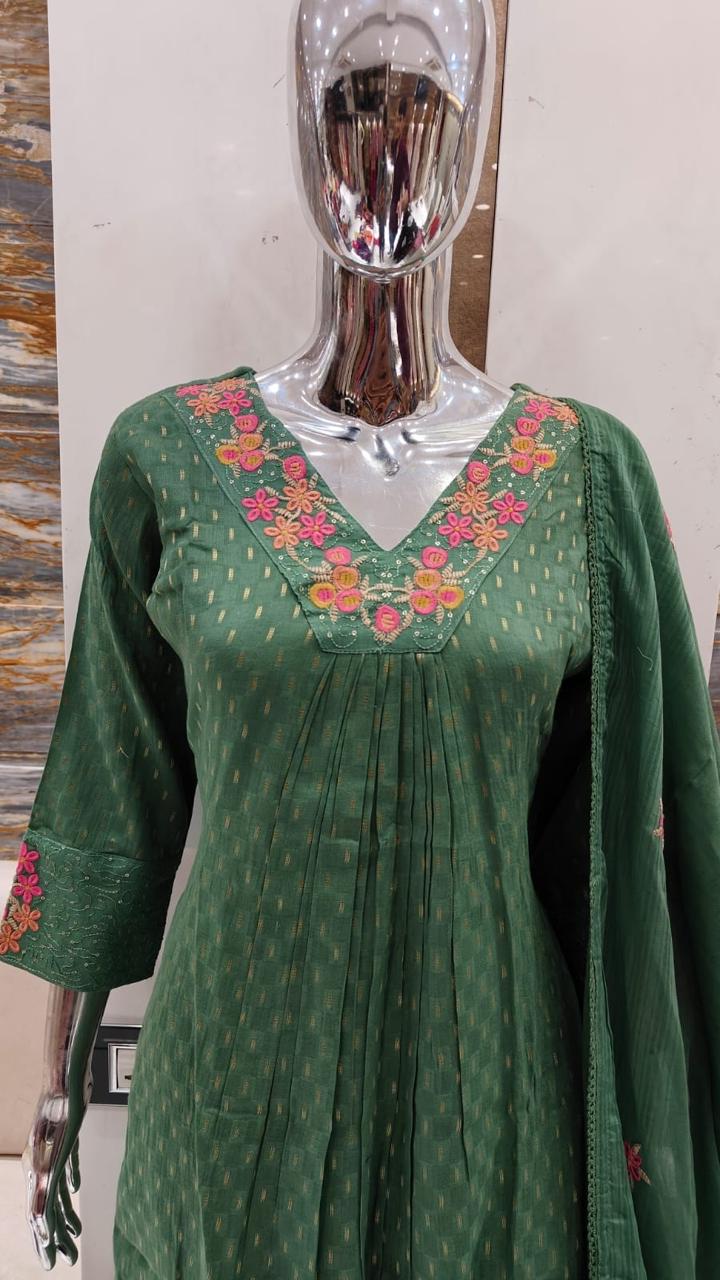 Premium cotton zari embroidered Anarkali suit set in green