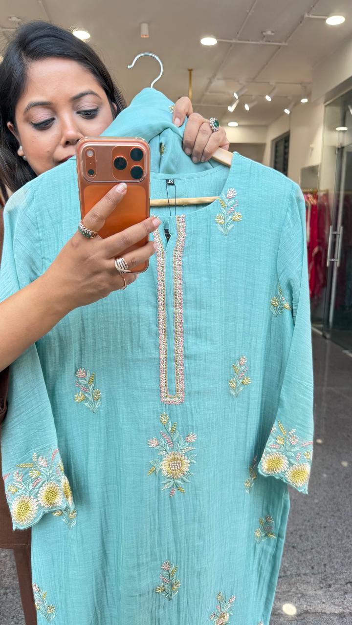 Premium Mul Chanderi embroidered full suit set in blue