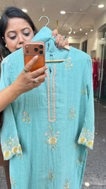 Premium Mul Chanderi embroidered full suit set in blue