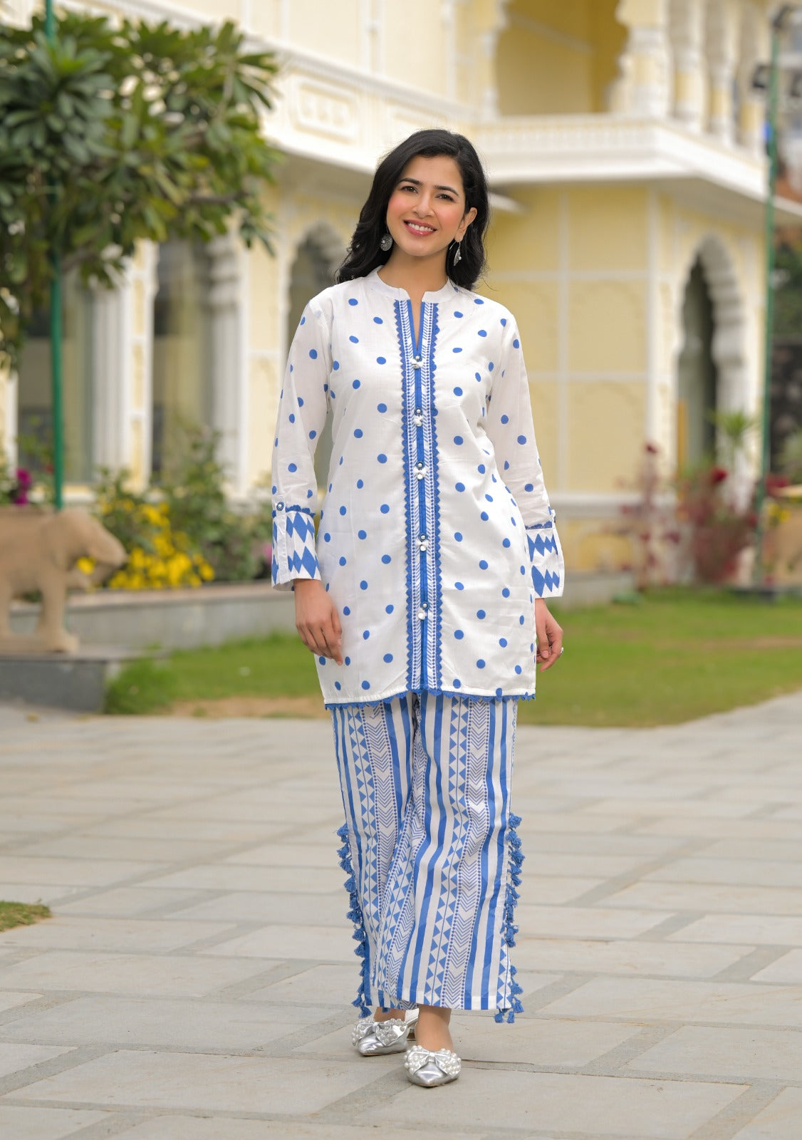 Pure cotton polka dot lining with designer pant co ord set