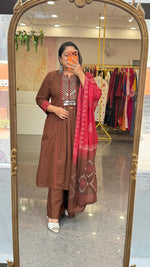 Pure cotton real mirror suit set paired with block print dupatta in brown