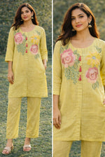 Premium Mul chanderi hand embroidery co ord set in mint yellow. It comes with lining and extra margin
