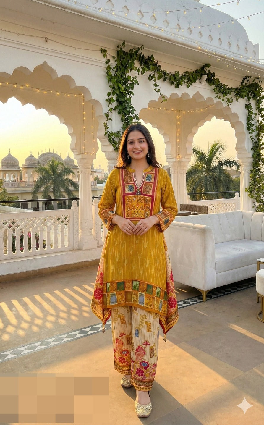 Super pretty designer Mul silk co ord set in yellow