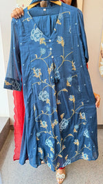 Fully embroidered pure Mul cotton suit set in blue