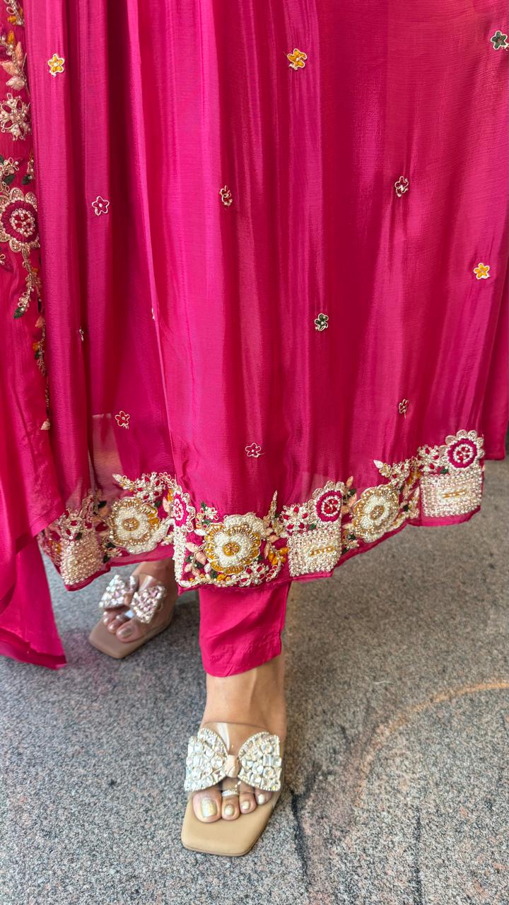 Premium chinon handwork Anarkali suit set in pink