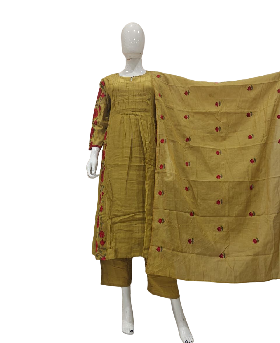 Pure Mul chanderi with lining embroidered suit set