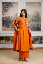 Premium pure cotton embroidered full suit set in rust n purple