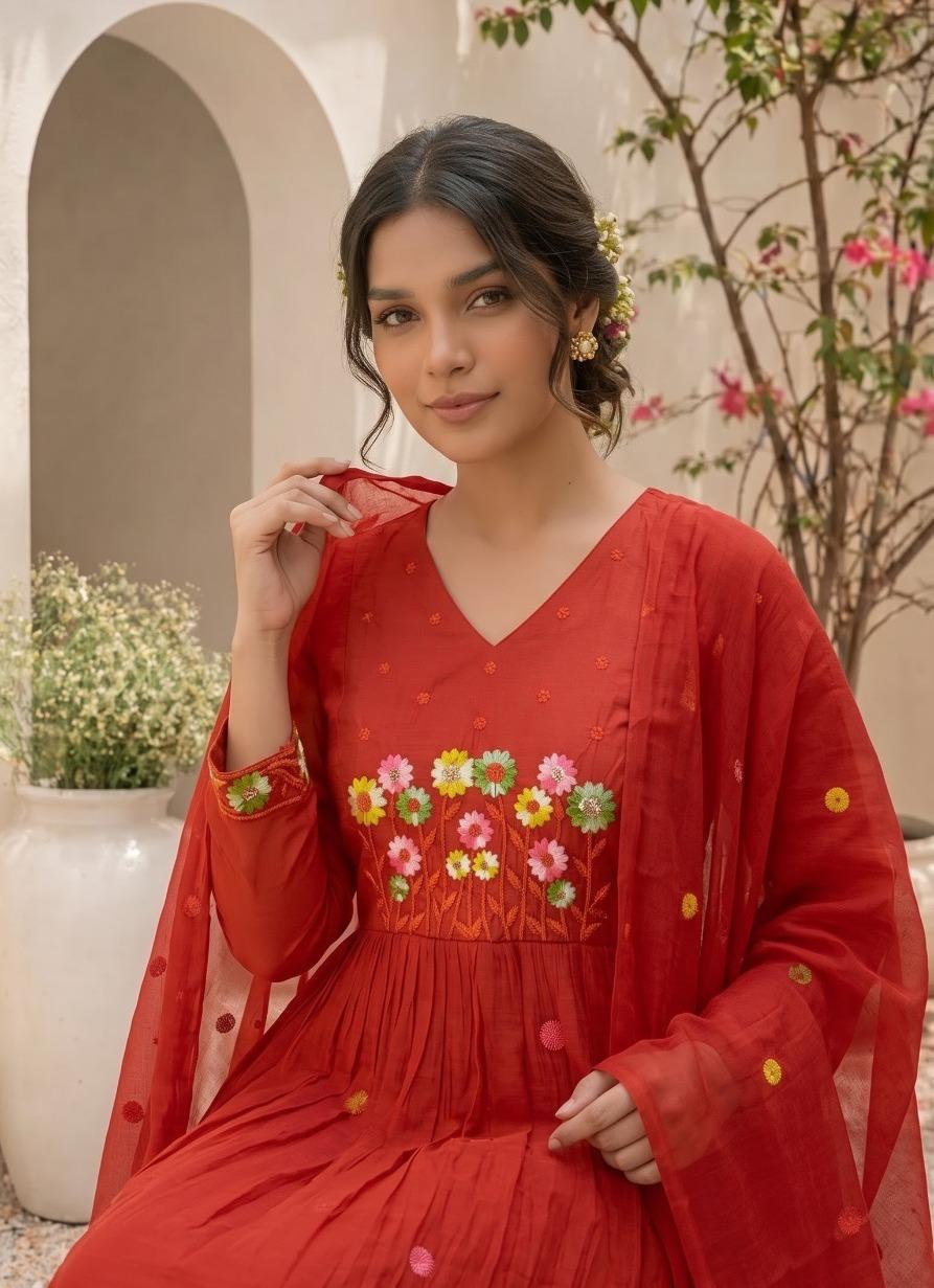 Pretty mulchanderi fully embroidered suit set in orange