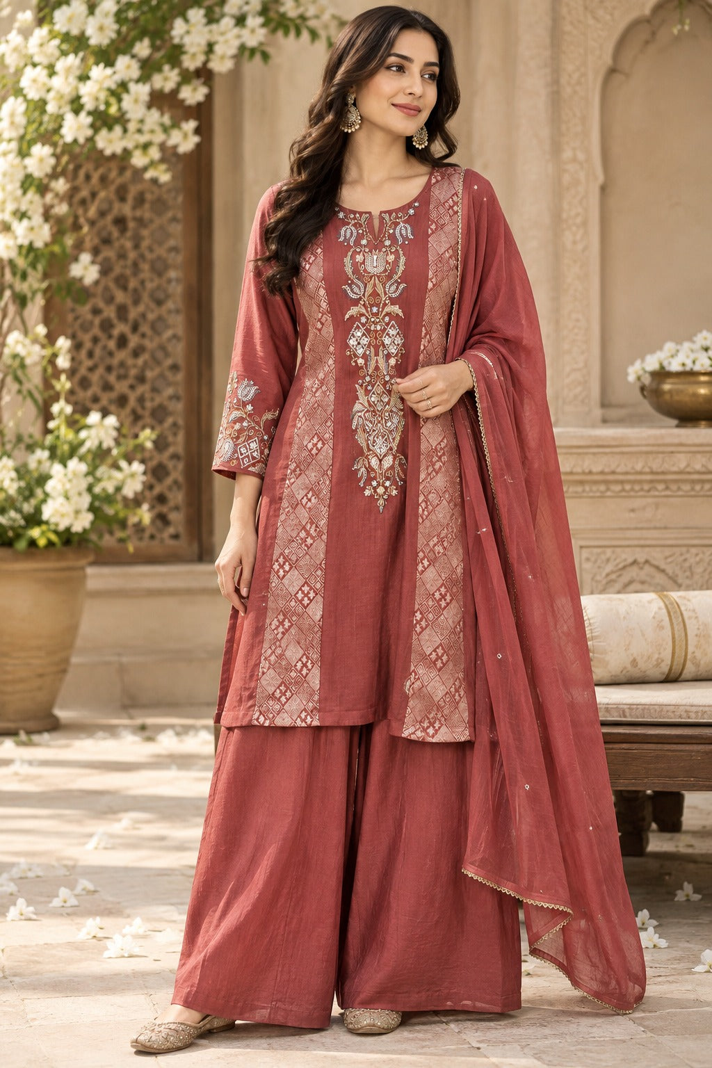 Pretty Mul chanderi brocade suit set in onion pink