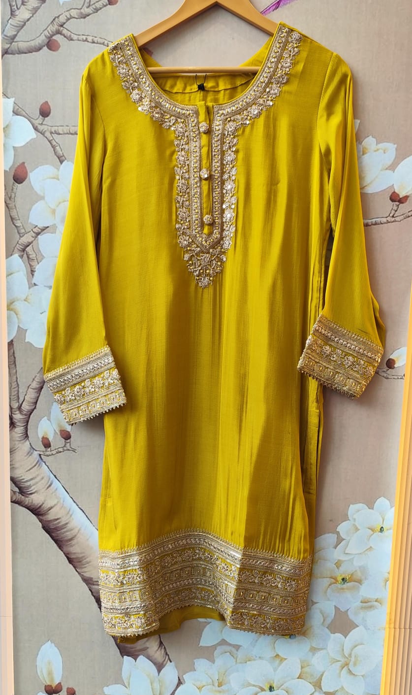 Premium chinon digital printed heavy sharara lace detailing full suit set in yellow