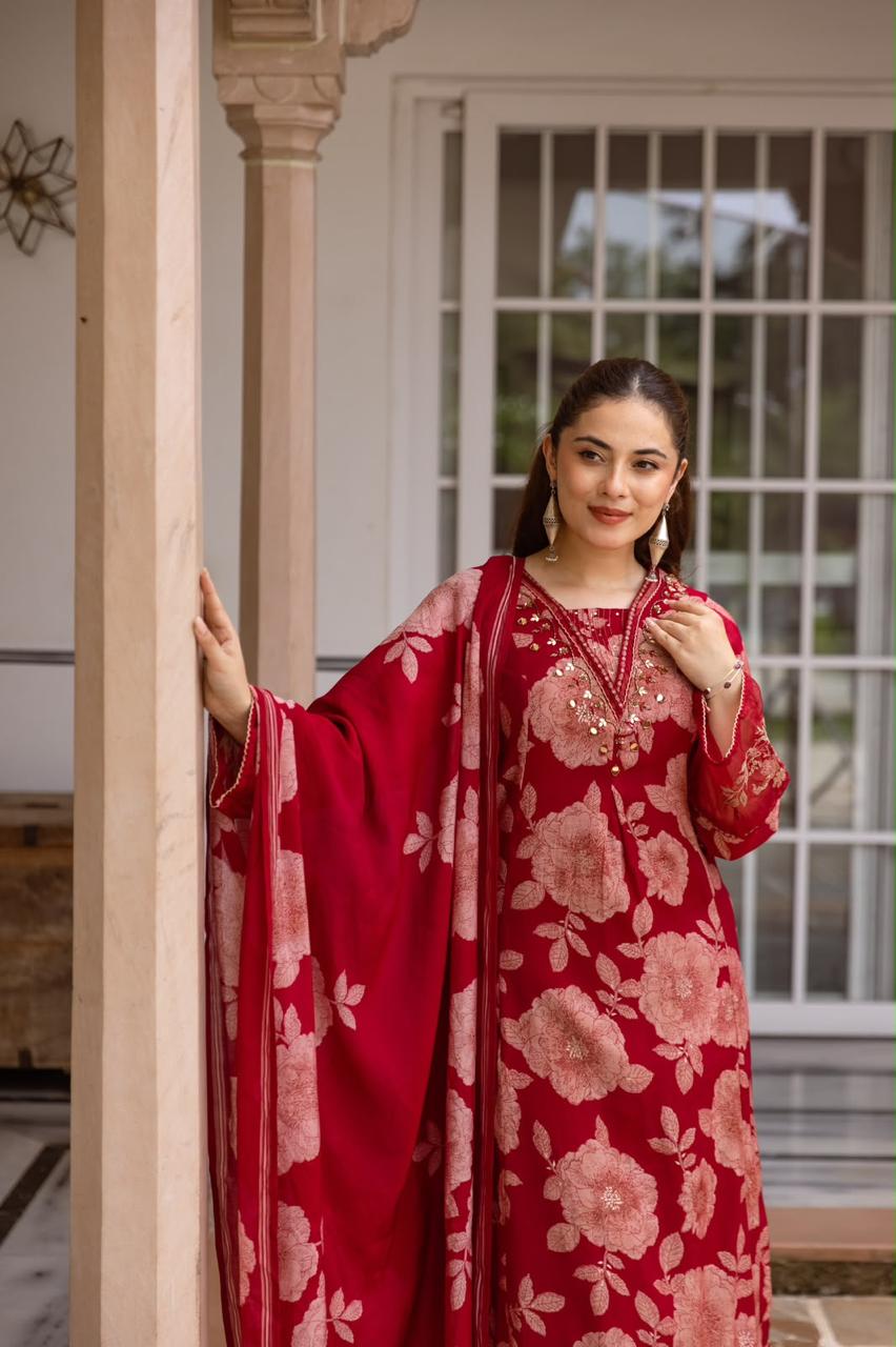 Pretty Modale red floral suit set in redPretty Modale red floral suit set in red