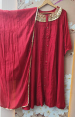 Designer red Mul chanderi handwork suit set