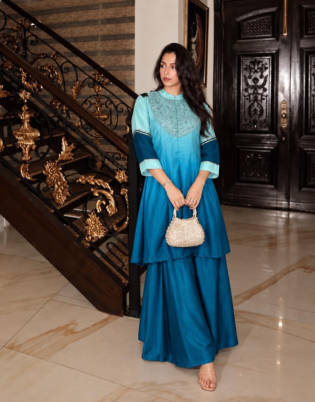 Real mirror ombre silk co ord in blue