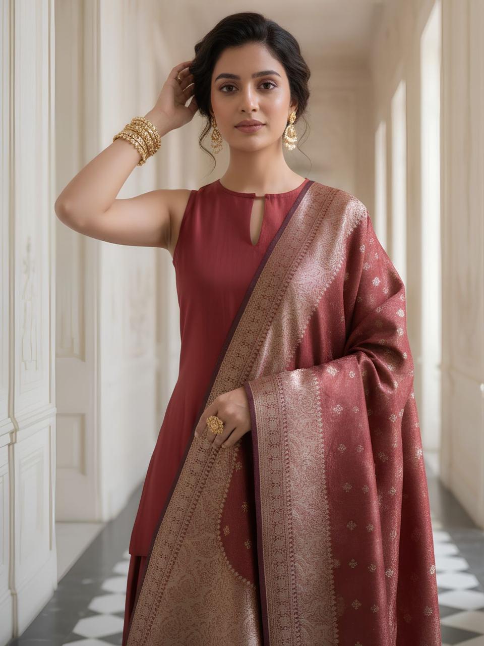 Pretty silk farshi suit set paired with Banarasi dupatta