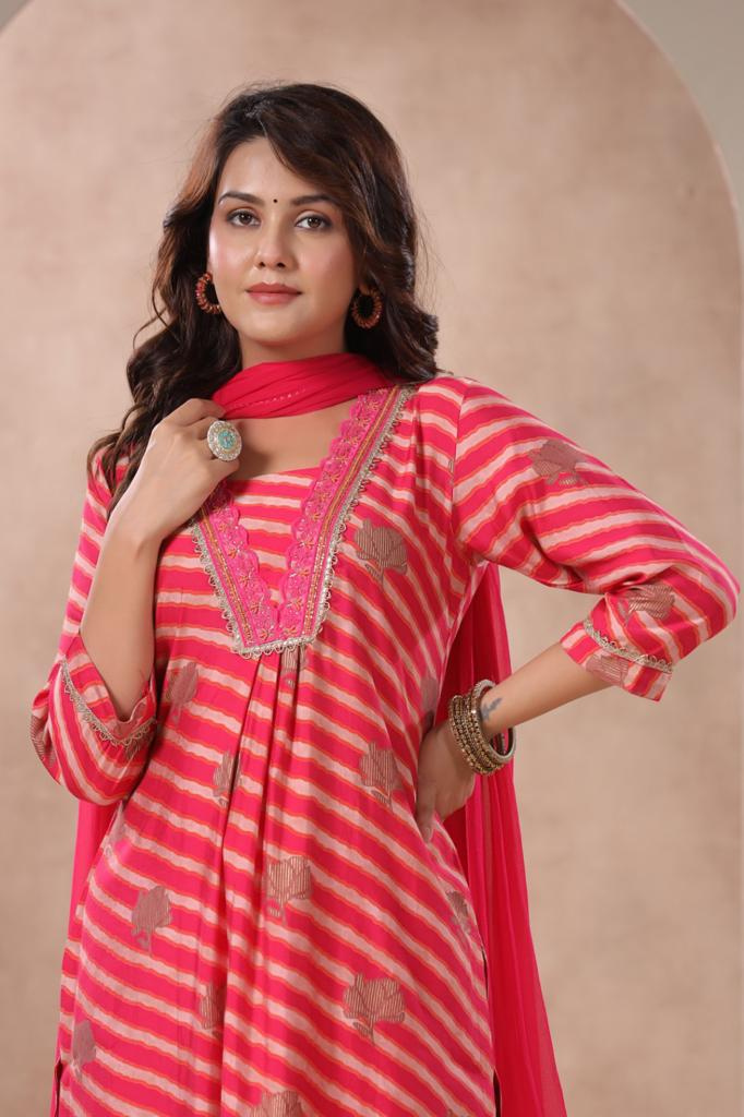 Trendy V Neck Suit in Pure Muslin with Shiffon Dupatta in Lehariya