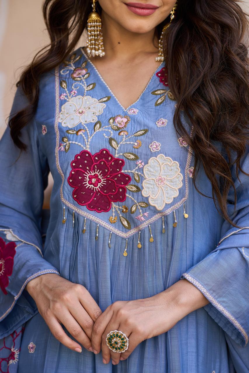 Mul cotton applique work full suit in blue