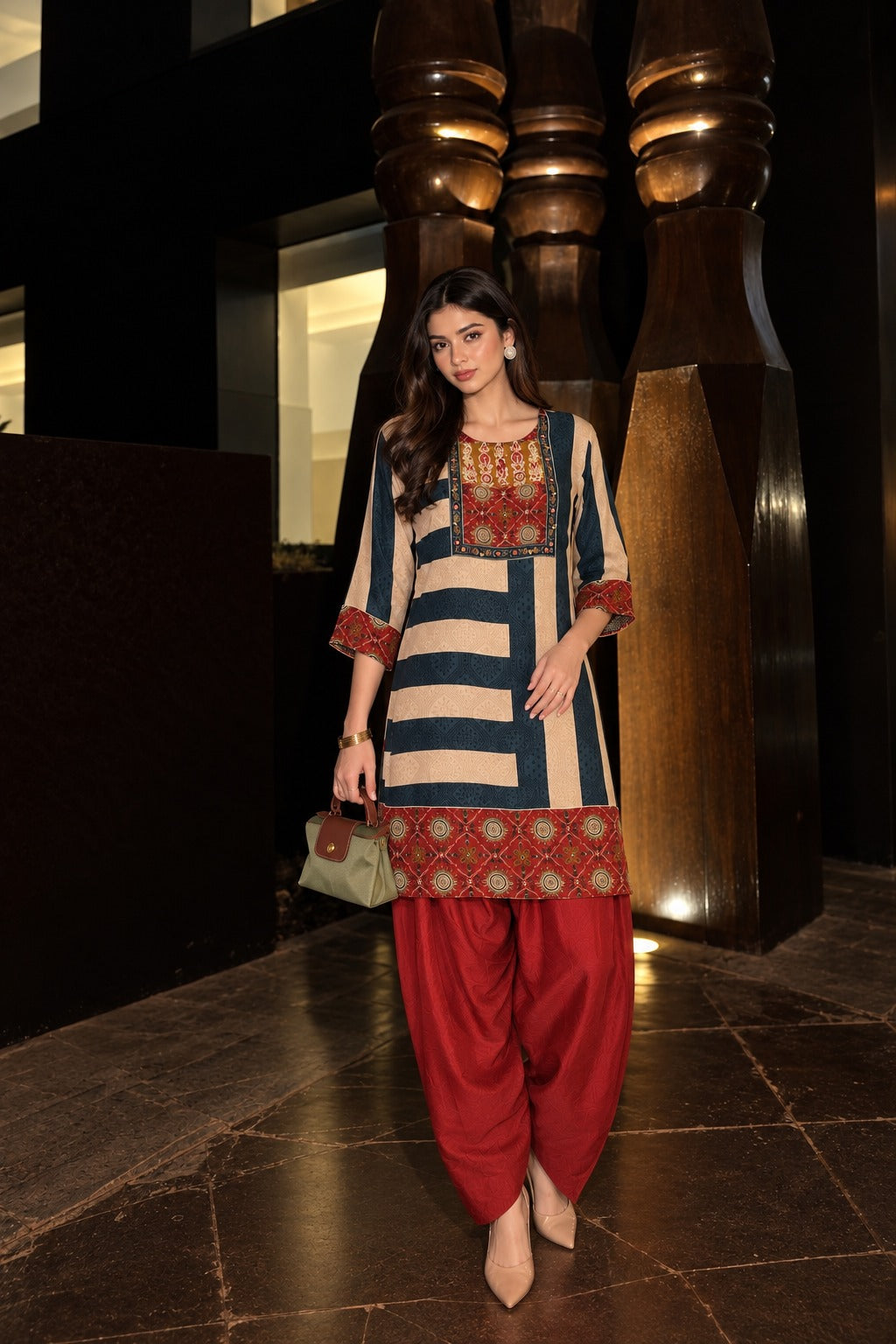Pure crepe farshi salwar red n blue co ord set