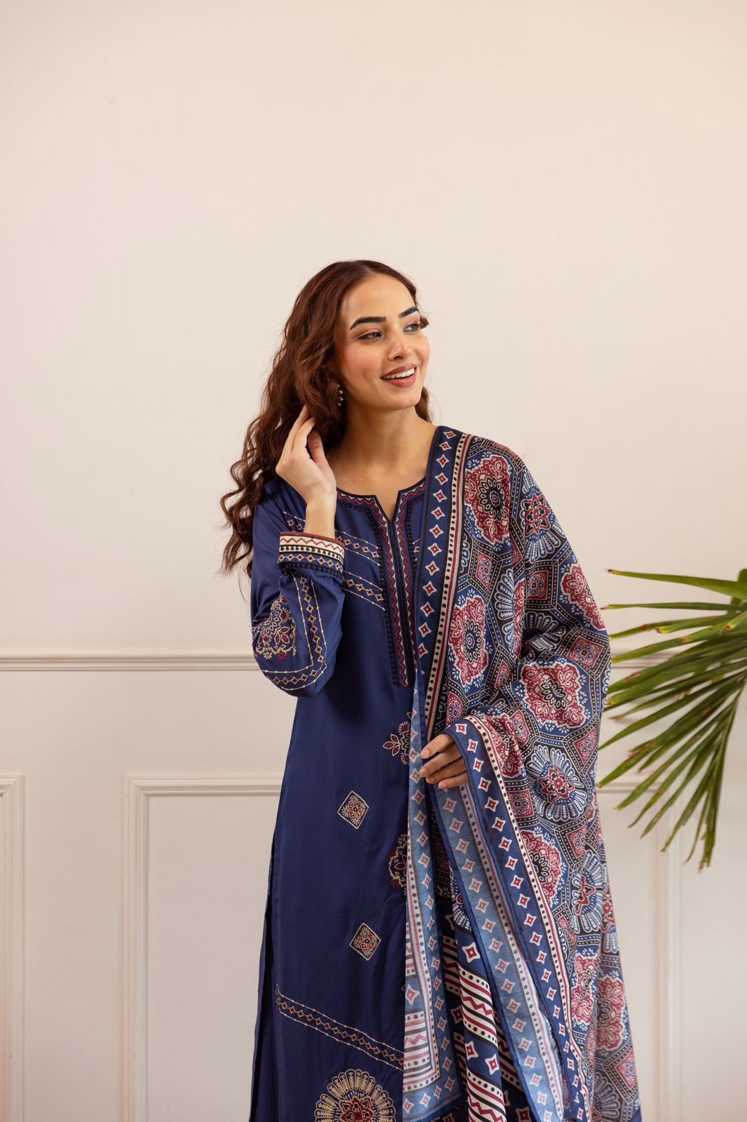 Heavy German rayon suit set paired with kalamkari dupatta in blue fully embroidered