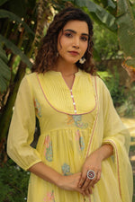 Premium embroidered cotton suit set paired with Kota Doria dupatta in yellow