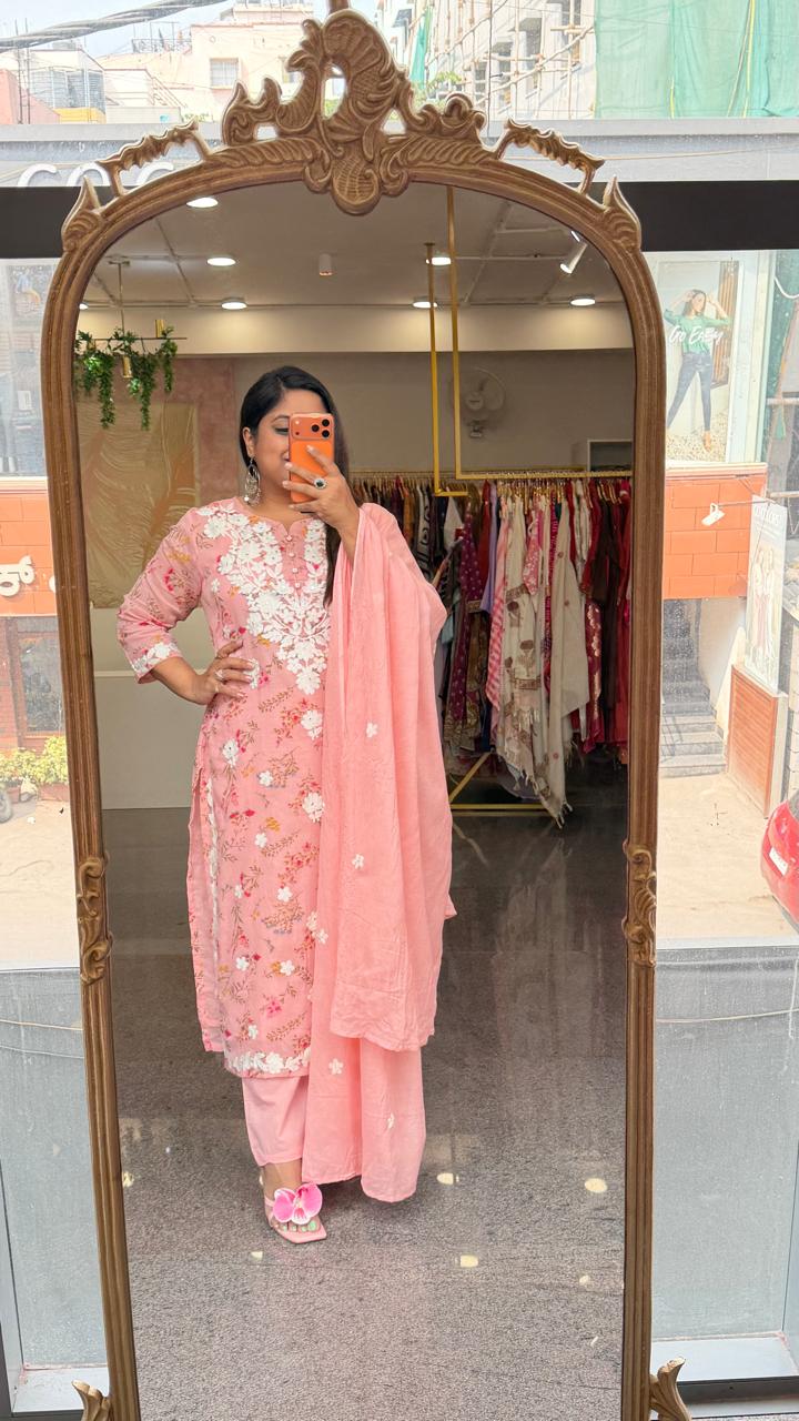 Pure Mul cotton lining chikankari suit set in pink