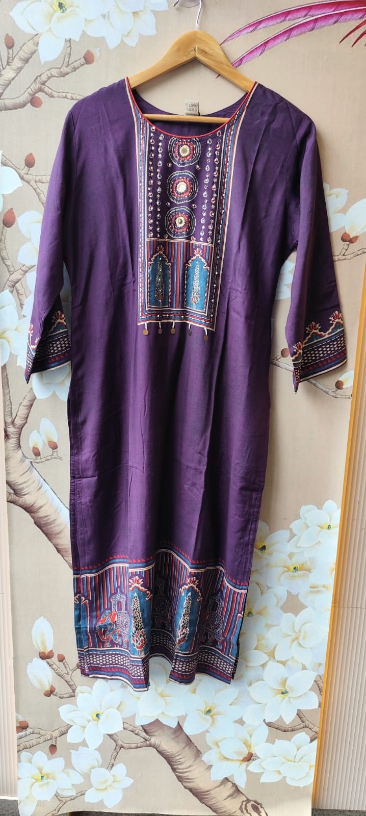 Pure muslin silk cotton lining katha detailing suit set in purple