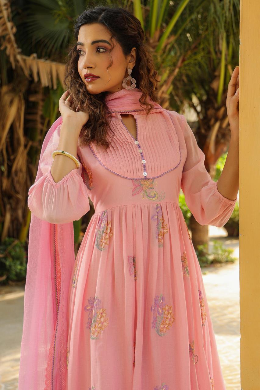 Premium embroidered cotton suit set paired with Kota Doria dupatta in pink