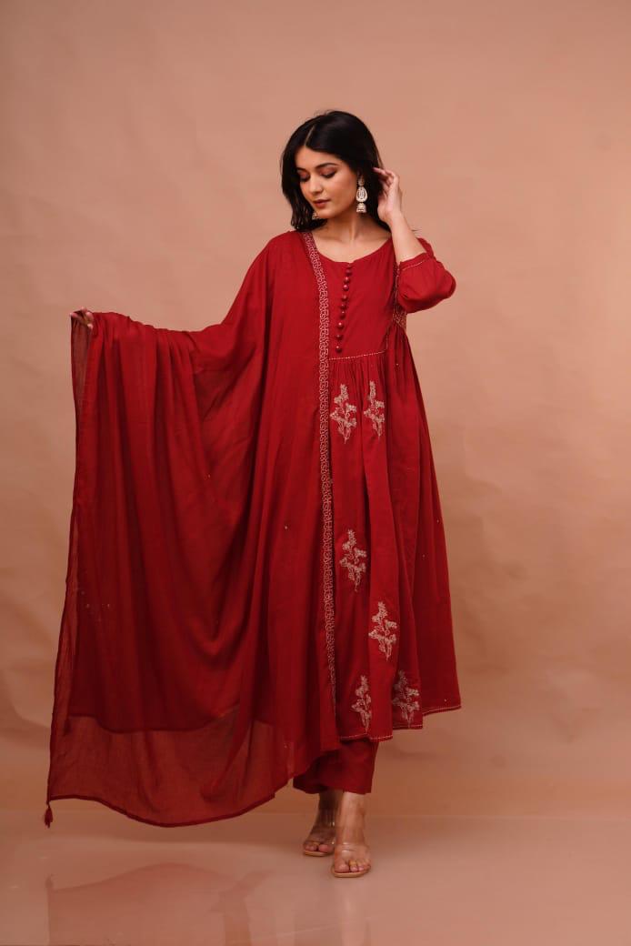 Pure mul cotton embroidered lining suit set