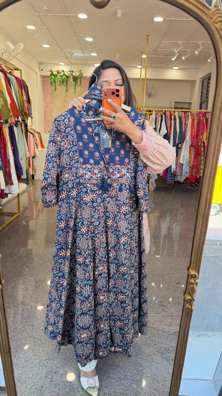 Cotton ajrakh Anarkali suit set in blue