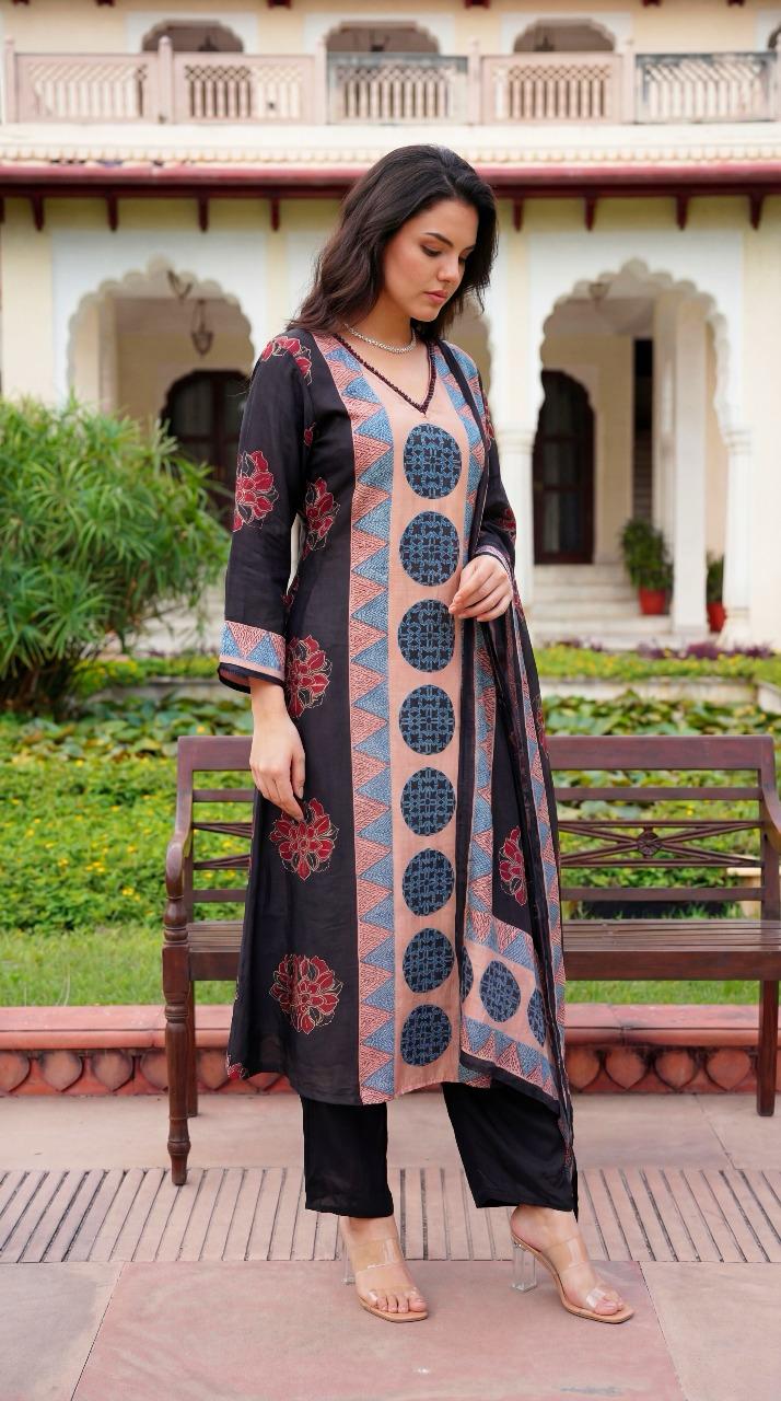 Premium mul silk ajrakh suit set