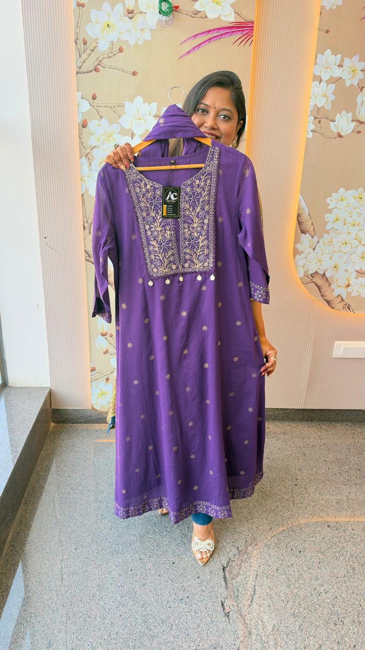 Mul cotton gold foil print with zari detailing full suit in purple